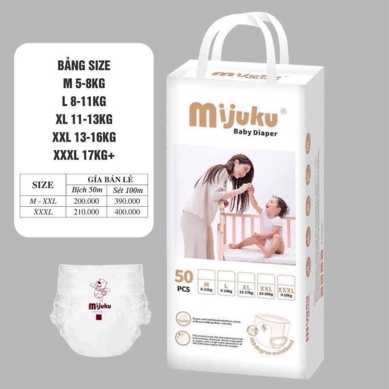 Bỉm Mijuku Đủ size M L Xl XXl XXXL (bịch 50 miếng-2 bịch 100 miếng) Free ship
