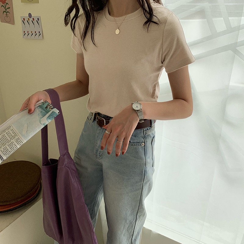 Áo thun SUXI tay ngắn cổ tròn màu trơn thiết kế thời trang mùa hè cho nữ