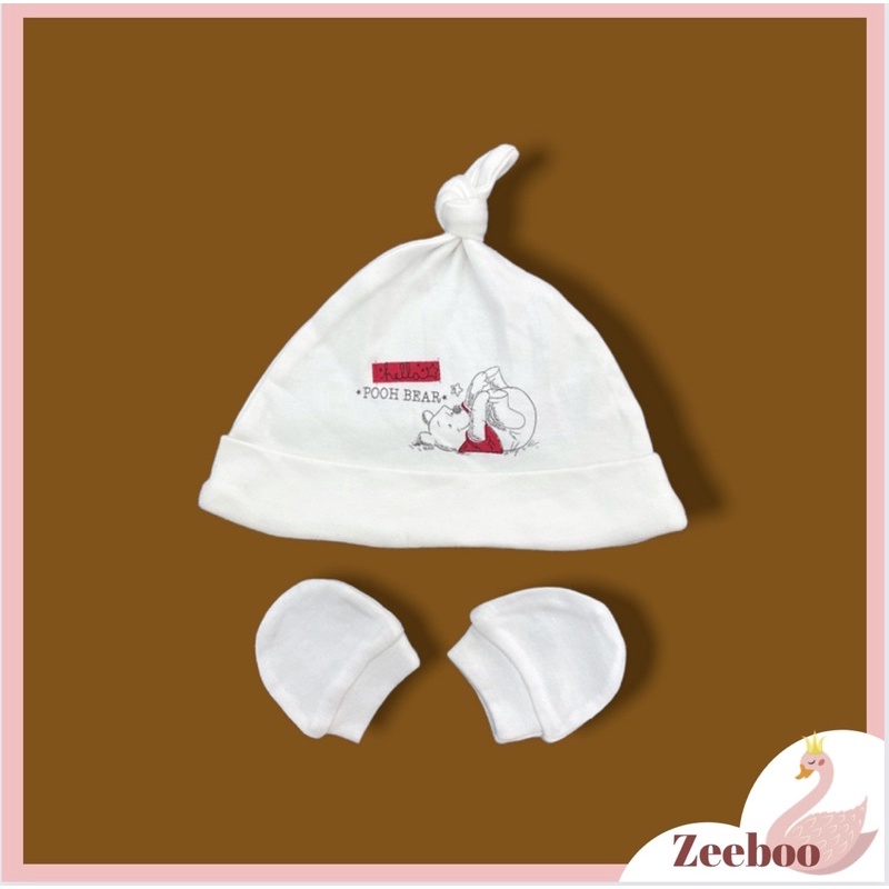 Mũ củ tỏi cho bé từ sơ sinh - 6 tháng [set 2 mũ kèm bao tay], vải Cotton mềm mịn, hình gấu pooh dễ thương, che thóp