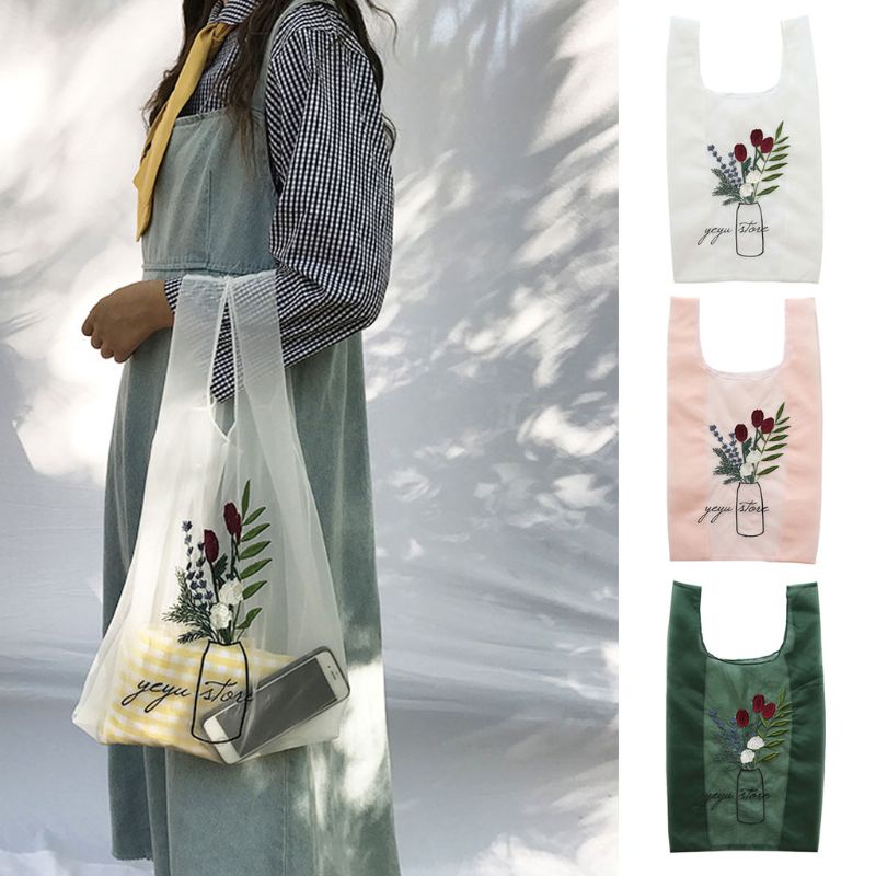 Túi Xách Tay Trong Suốt Thêu Hoa 3 Màu Chất Lượng Cao