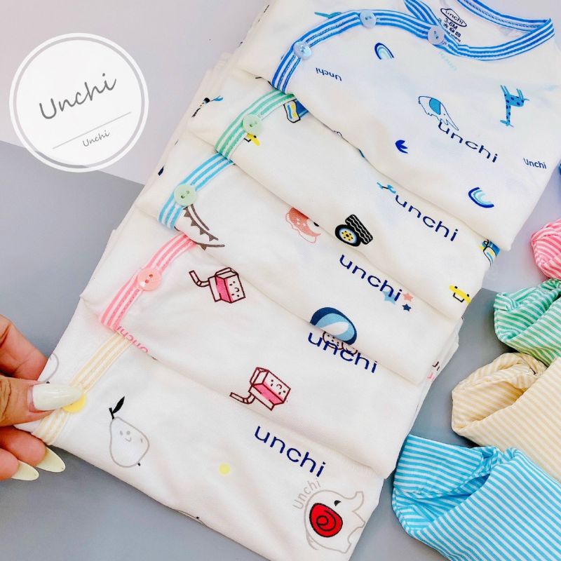 Bộ Quần Áo Dài Tay Sơ Sinh Unchi Cúc Lệch Quần Kẻ Vải Petit Mềm Mát