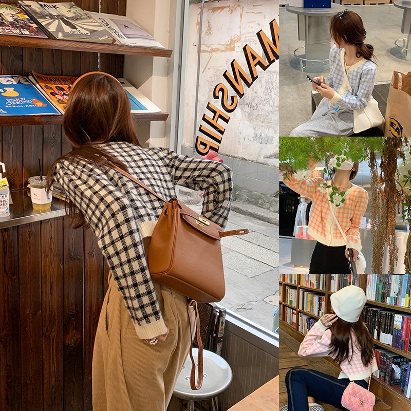 ❇Zeng Xiaoxian Áo khoác len ngắn mùa thu và mùa đông của phụ nữ Kẻ sọc ca rô đan Cardigan mỏng Wax dài tay áo trên ngôi
