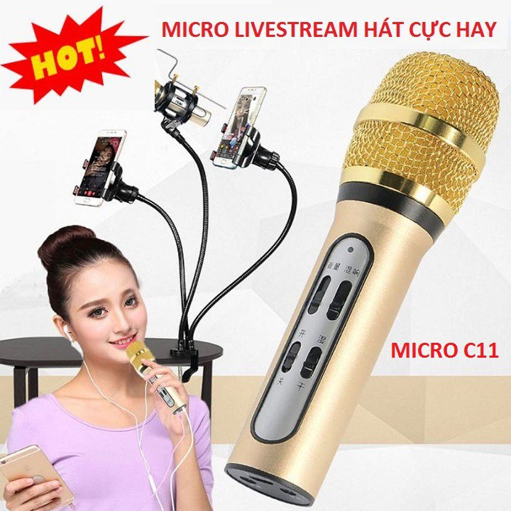 Micro Livestream, Mic Hát Karaoke Thu Âm C11 Âm Thanh Chuyên Nghiệp + Tặng Tai Nghe hàng Chính Hãng