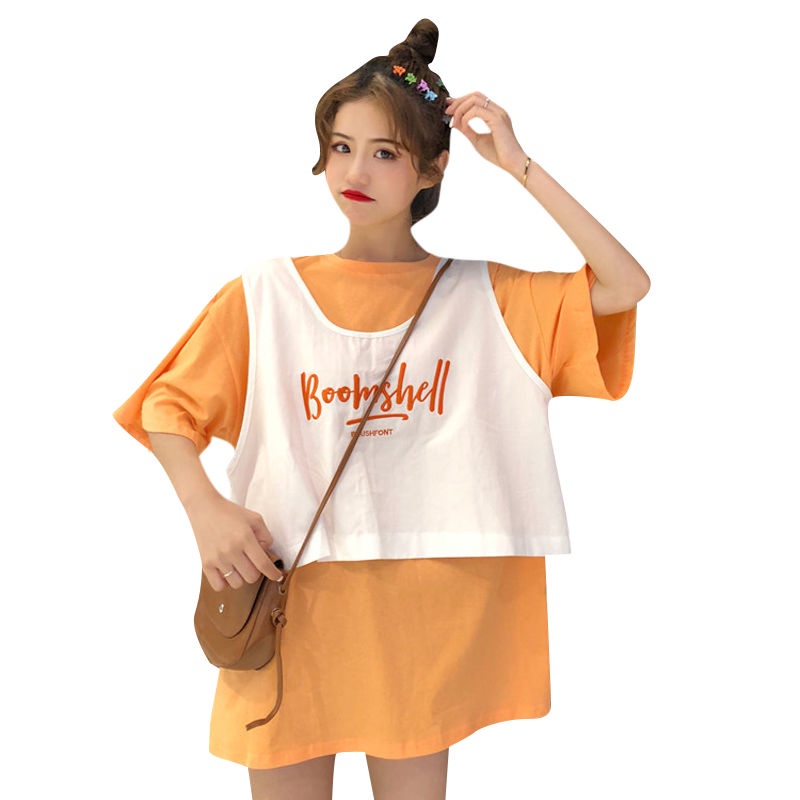 Set Áo Thun Tay Ngắn + Áo Thun Sát Nách Dáng Rộng Thêu Chữ Phong Cách Hàn Quốc Thời Trang Mùa Hè 2022 Cho Nữ