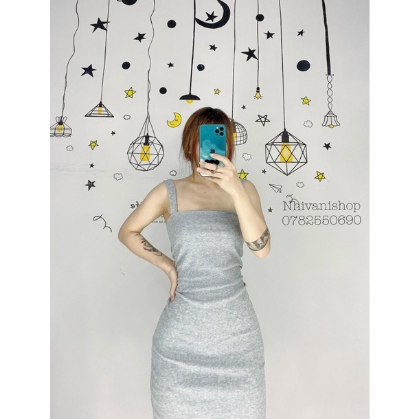 Váy hai dây ôm body bản to dáng dài len tăm quyến rũ sang chảnh