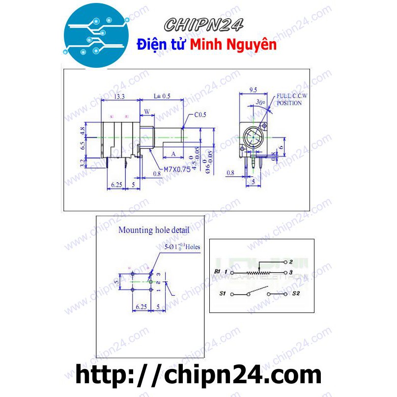 [2 CHIẾC] Biến trở đơn có Công tắc RV097NS 20K (5 chân) (B20K 203)