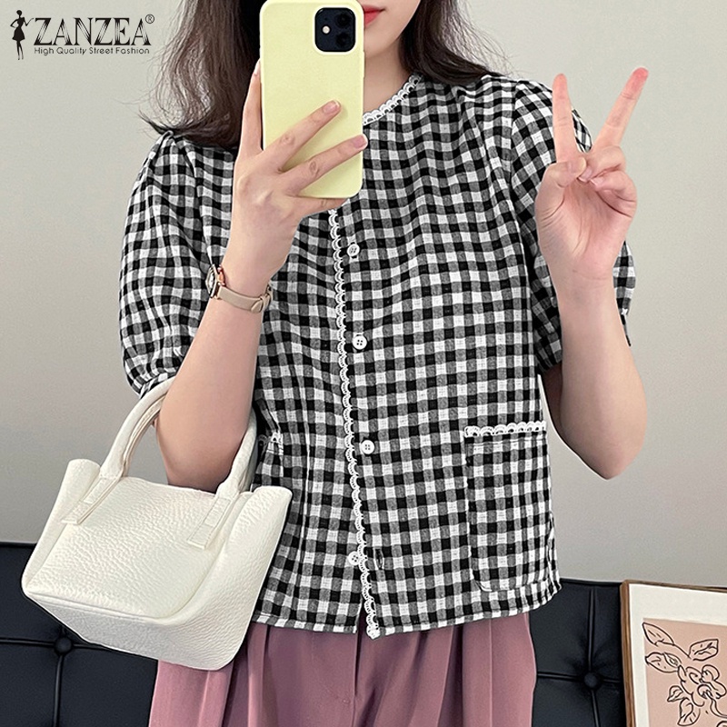 Zanzea Áo Sơ Mi Ngắn Tay Cổ V Họa Tiết Ca Rô Phong Cách Hàn Quốc Dành Cho Nữ