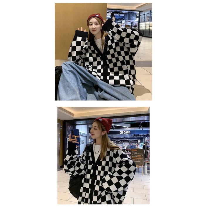 Áo khoác cardigan dệt kim dáng rộng họa tiết kẻ sọc ca rô phong cách retro trẻ trung thời trang