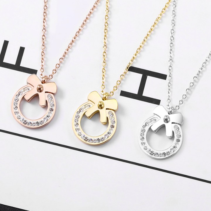 Dây chuyền nữ titan cao cấp hình tròn đính nơ xinh xắn dễ thương, siêu đẹp, bền màu, hợp thời trang