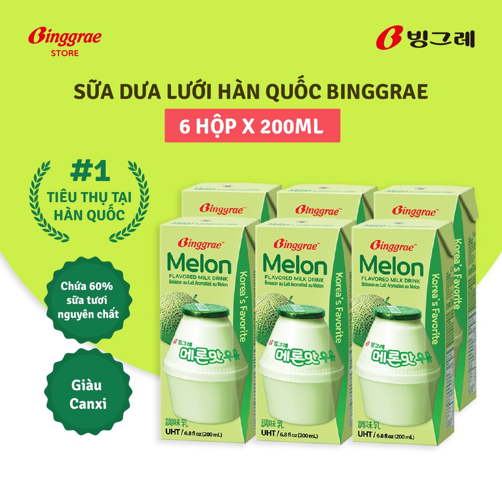 Lốc Sữa Dưa lưới Hàn Quốc Binggrae Melon Milk (200ml x 6 hộp)