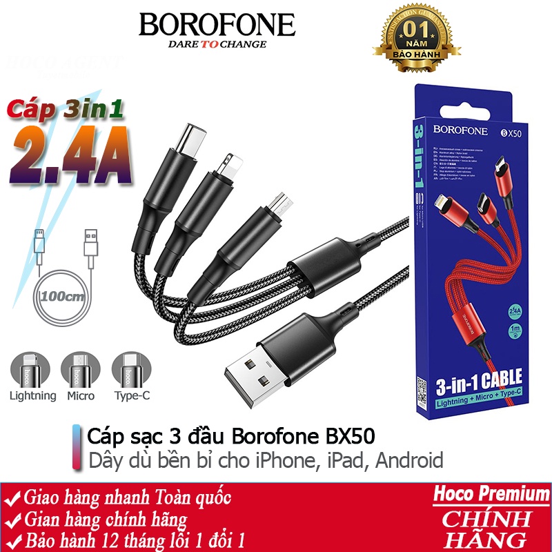 Dây sạc 3 đầu Borofone BX50 siêu bền 2.4A, cáp dài 1m cho các đời điện thoại