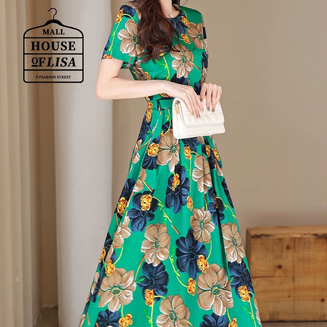 Flower Printed Bowknot Waist-slimming Long Skirt  Short-sleeved Dress Crew-neck Size Women Plus