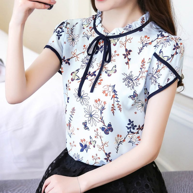 Áo Chiffon nữ tay ngắn in hoa phong cách Hàn Quốc