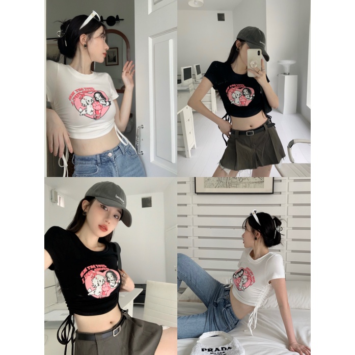 Áo Thun Tay Ngắn Dáng Ôm Cột Dây In Họa Tiết Thời Trang Hàn Quốc Quyến Rũ Cho Nữ