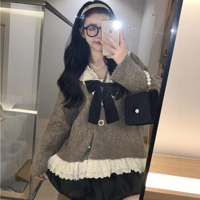 One Set Áo Khoác Cardigan + Chân Váy Lưng Cao Phong Cách Retro Cho Nữ