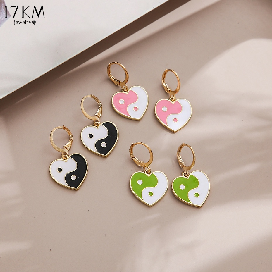 Hoa tai 17KM móc tròn hình trái tim phối màu sắc thời trang