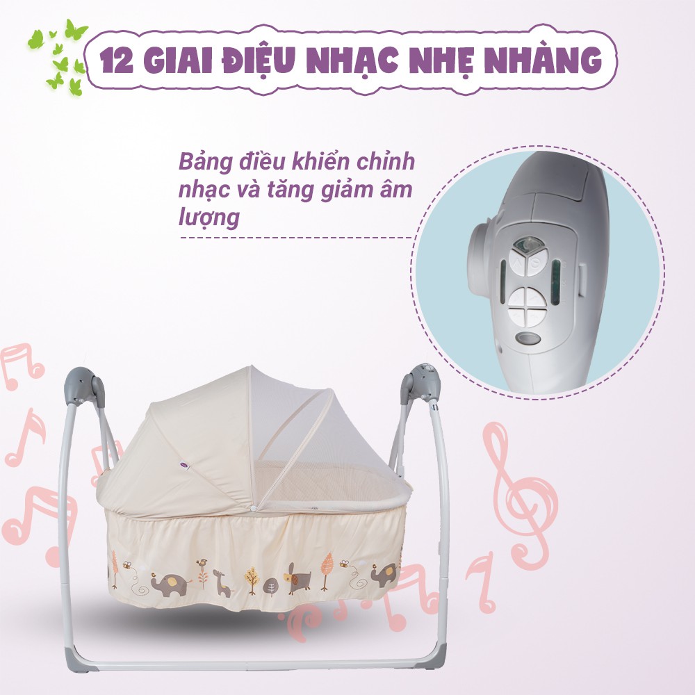 Nôi điện cho bé rung 5 chế độ Mastela MSTLSG239 thiết kế thông minh, có màn chống muỗi và hẹn giờ phát 12 bài nhạc