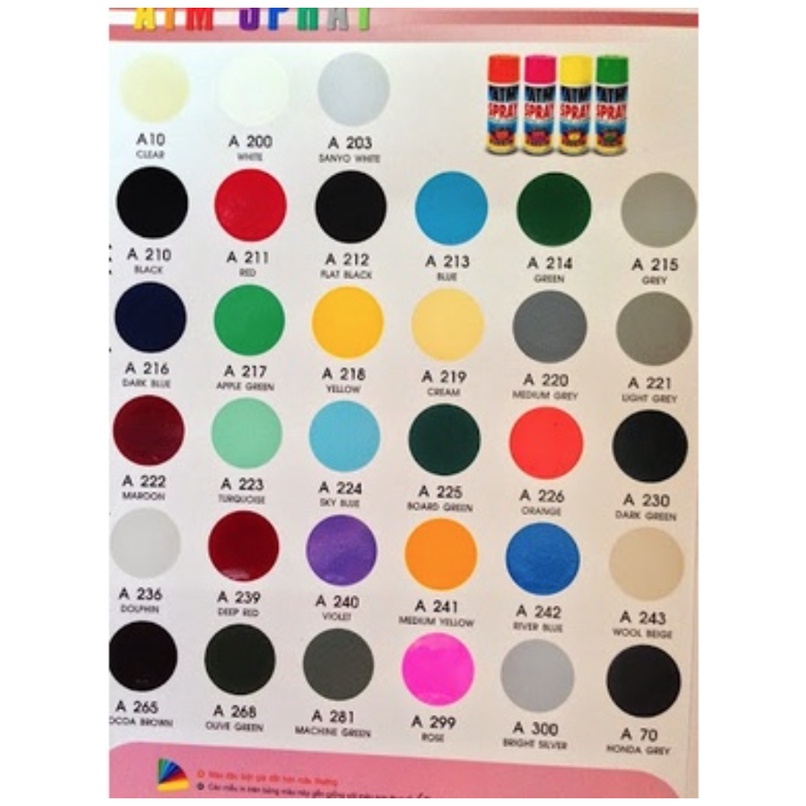 Sơn xịt ATM đủ màu,trắng A200,Bóng A10,Đen nhám A212,sơn xịt xe máy,xe đạp,dụng cụ,gỗ,...