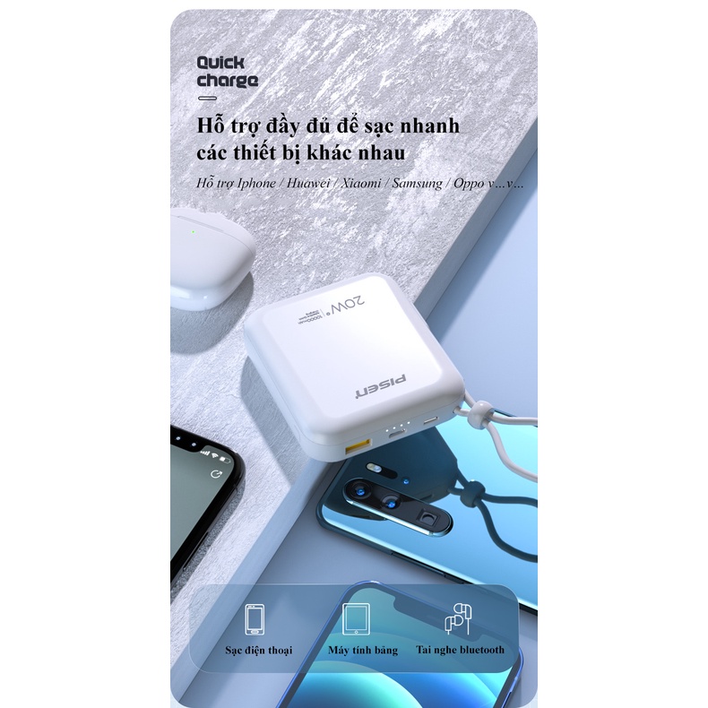 Pin sạc dự phòng PISEN Quick D156 10000mAh, 20W (Smart Chip, Dual Type-C, Lightning)(LS-DY20) - Hàng chính hãng