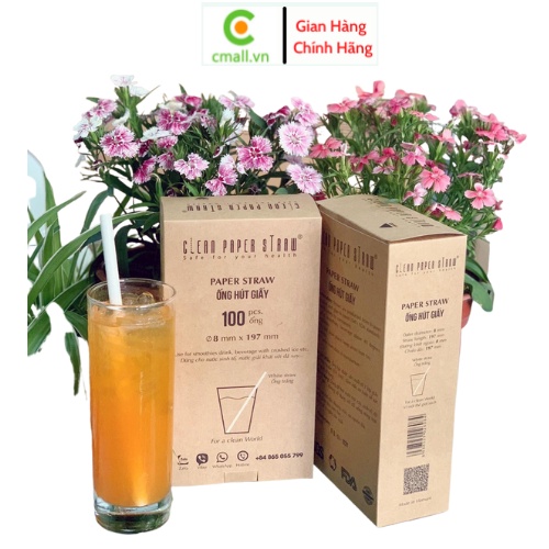 Hộp 100 ống hút giấy CLEAN PAPER STRAW, phi 8, màu trắng, dùng cho sinh tố đá xay, an toàn sức khoẻ bảo, vệ môi trường