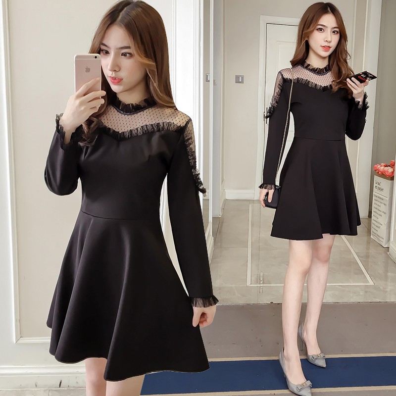 Đầm big size quảng châu đen xòe ren cổ ( D785 )