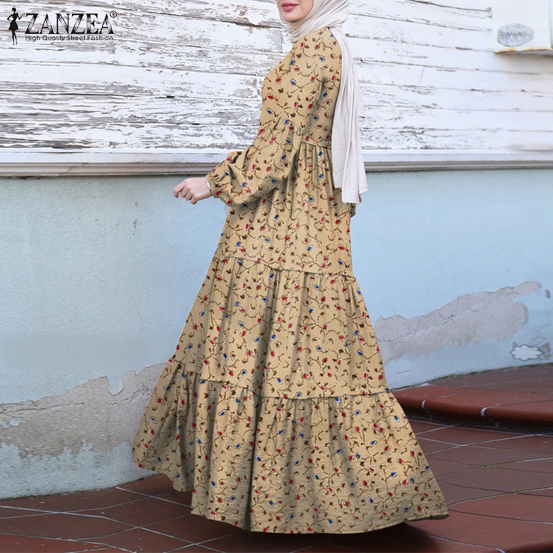 Đầm Maxi ZANZEA Tay Dài In Họa Tiết Phong Cách Hồi Giáo Vintage Thời Trang Cho Nữ
