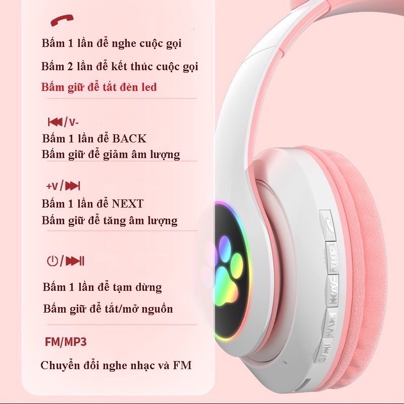 Tai nghe bluetooth GrownTech B39 mèo 2022 On-Ear bluetooth 5.0 có đèn led, micro pin chuẩn 4500mah