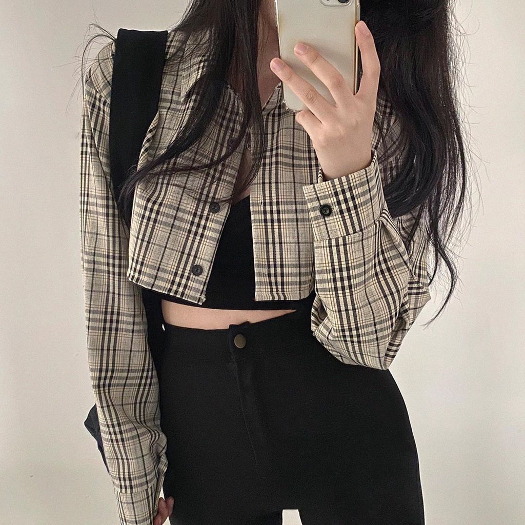 Áo khoác sơ mi croptop nữ kẻ sọc caro Tay dài Thiết kế Hàn Quốc Áo khoác lửng dáng ngắn nữ Retro cổ điển Vintage