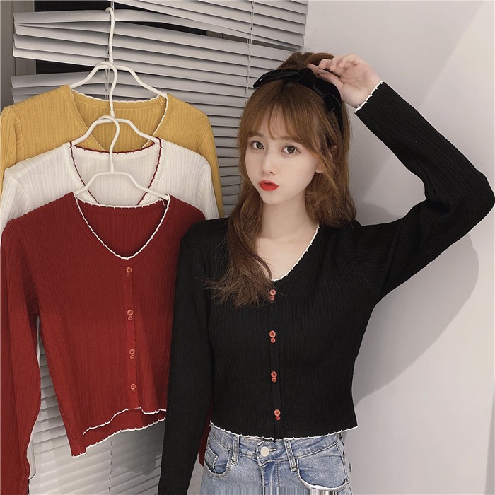 Áo dệt kim dài tay cổ tim phong cách Hàn Quốc thanh lịch dành cho nữ | BigBuy360 - bigbuy360.vn