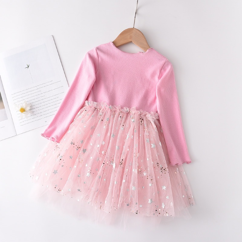 BEAR LEADER Đầm Công Chúa Tay Dài Phối Lưới Cotton Thời Trang Mùa Thu Xinh Xắn Cho Bé Gái