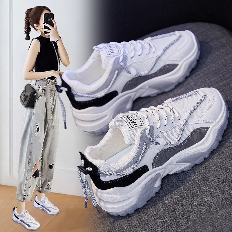 Giày thể thao nữ Zhixun - giày sneaker nữ có 2 phối màu trắng xám &amp; trắng cam chất da phối lưới độn đế cao đẹp giá rẻ