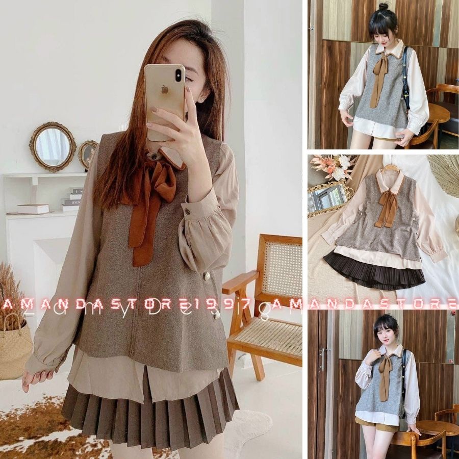 {Amanda}Set áo sơ mi dài tay kèm yếm nâu cổ sen buộc nơ thời trang chất dày dặn. Có thể tách rời 2 sản phẩm