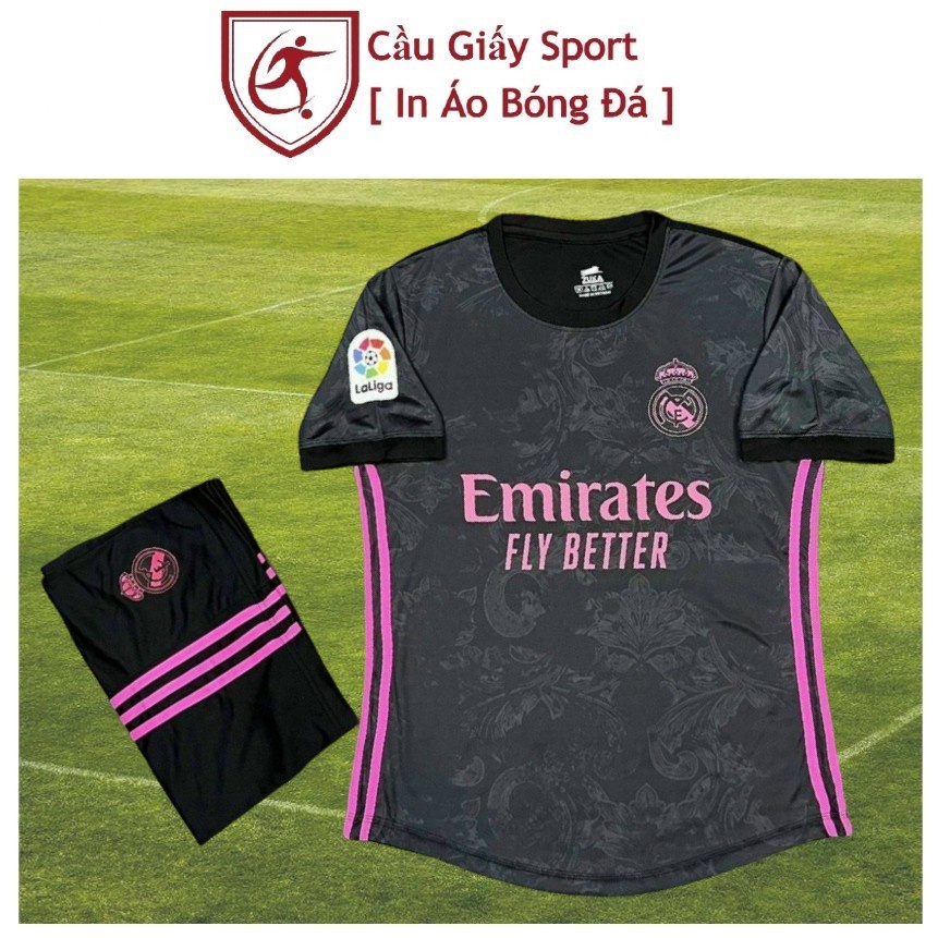 Bộ Quần Áo Bóng Đá Real Madrid Xám Đen Thun Thái ( Hỗ Trợ In Áo)
