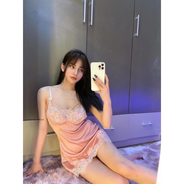 Váy ngủ lụa phối ren dây ngực - Hàng Quảng Châu cao cấp - SP038