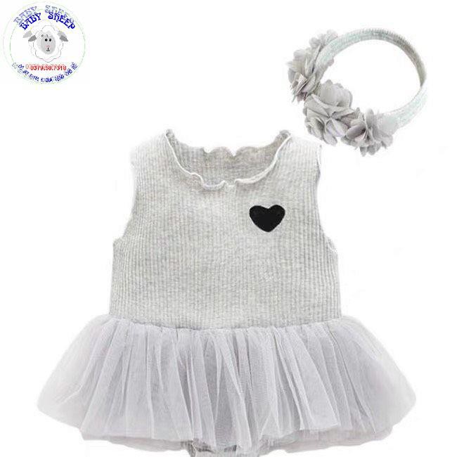 Váy đầm công chúa cho bé sơ sinh đầy tháng thôi nôi thêu họa tiết trái tim kèm băng đô hoa Baby Sheep