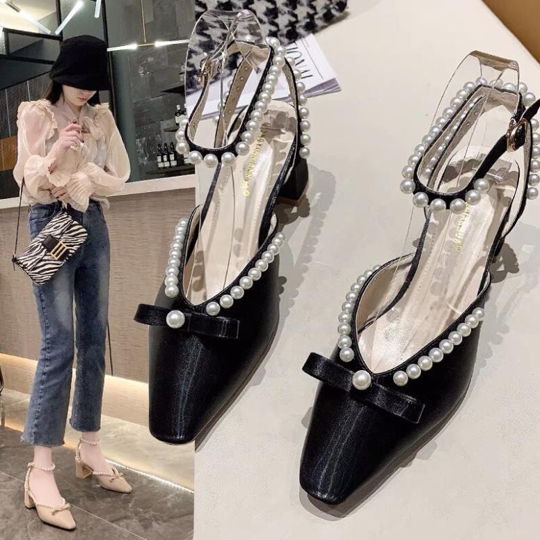 ĐẸP ĐỘC LẠ Giày cao gót sandal nữ mũi nhọn vuông hở gót đính hạt ngọc nơ da sần SIÊU HOT