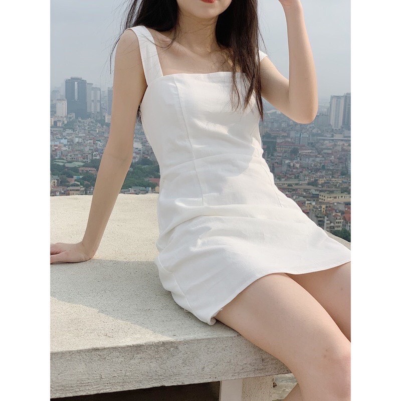[Ảnh thật] Váy 2 dây quai bản to chun sau dáng ngắn - Đầm hai dây đũi dáng chữ A 2 lớp