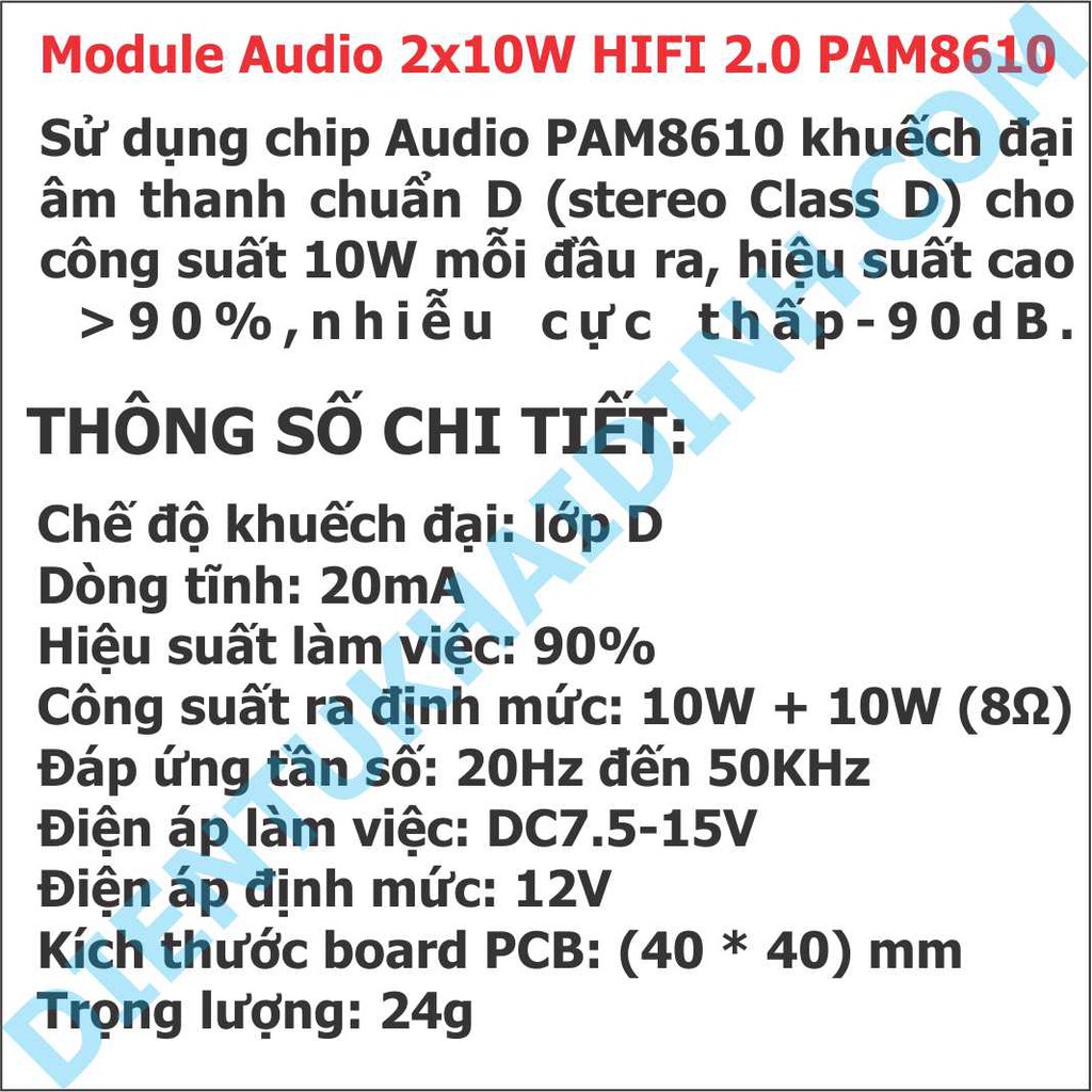 Module khuếch đại Audio 2x10W HIFI 2.0 PAM8610 kde2164