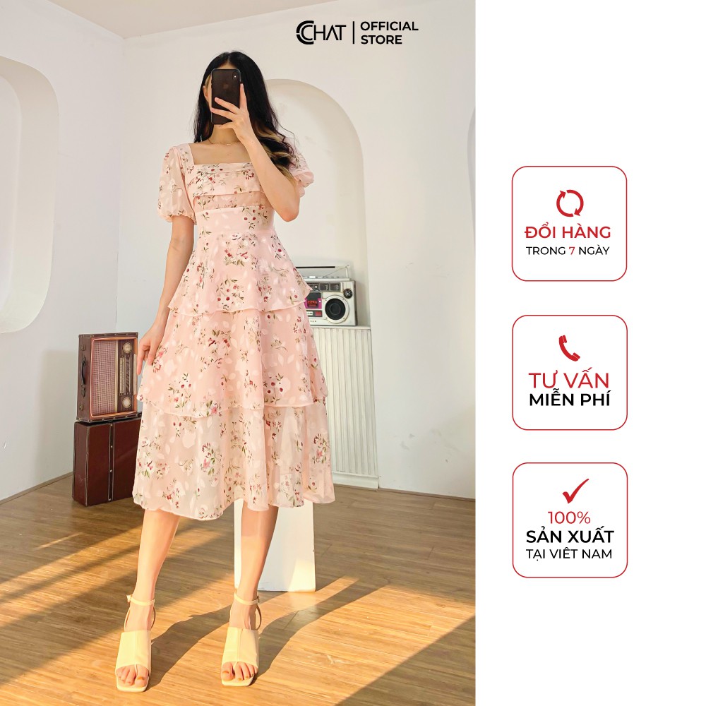 Váy hoạ tiết 3 tầng cổ vuông | BigBuy360 - bigbuy360.vn