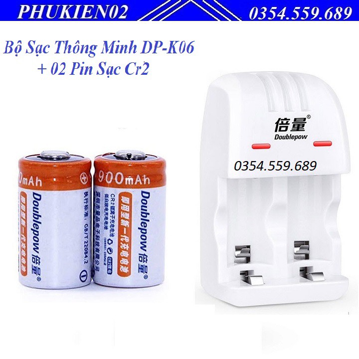 Bộ 02 Pin Sạc Cr2 3V Doublepow Dung Lượng Cao 900mAh Kèm Bộ Sạc Thông Minh DP-K06 Có Đèn LED Sạc Cho Cả Pin CR123A/CR2 A