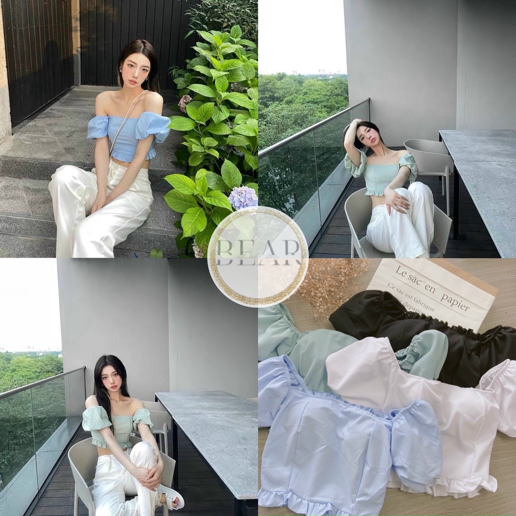 Áo Croptop Trễ Vai Ngắn Tay Bồng Bềnh Bo Chun Nhún Viền Bèo Duyên Dáng- AK0060 | bear.story