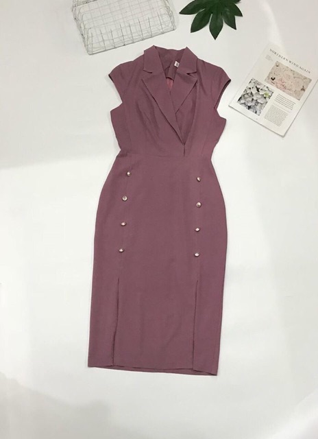 Đầm Cổ Vest Cati Hồng Ruốc