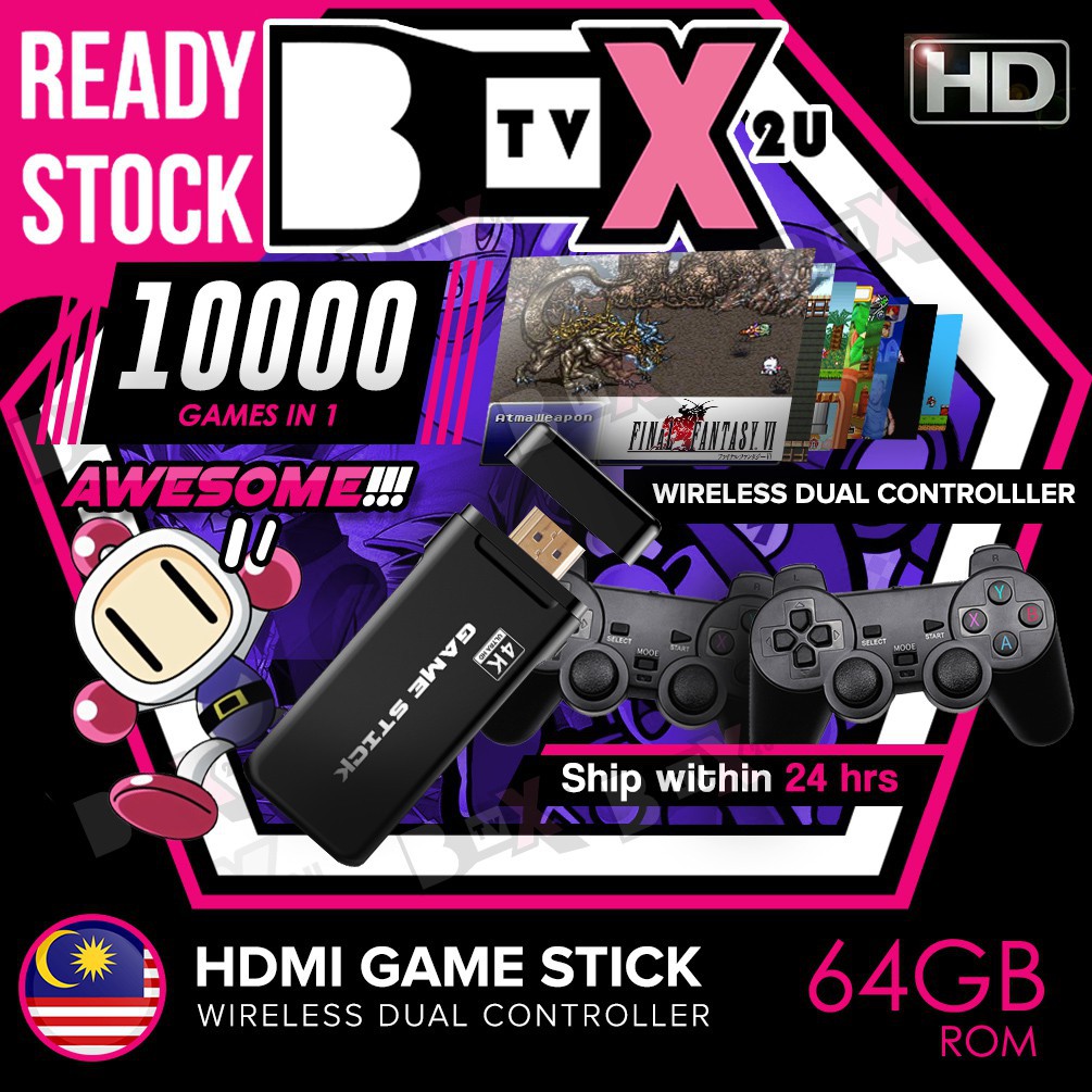 ✅10000 Games✅ Game Stick 4K HDMI 4 Nút 64GB Tích Hợp Trò Chơi Cho MAME, FC, GB, GBA, GBC, MD, SFC, PS1, N64, ATARI2600