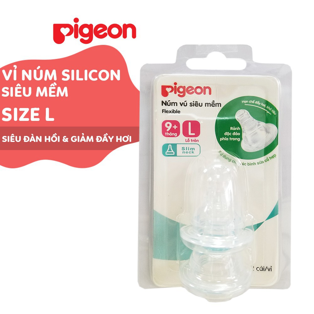 Núm vú Pigeon cổ hẹp silicone siêu mềm Size S M L Y (Hộp 2 cái)