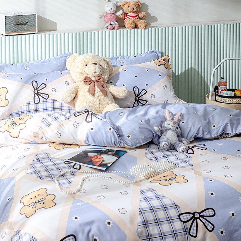 BỘ CHĂN GA GỐI COTTON POLY NHẬP KHẨU 100% ( CHĂN ĐÃ TRẦN BÔNG) HỌA TIẾT GẤU NƠ - ĐỦ KÍCH THƯỚC