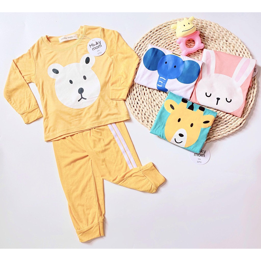 Bộ Dài Tay Minky Mom Họa Tiết Động Vật Voi Xanh- Gấu Vàng Cho Bé Yêu (6-19kg)