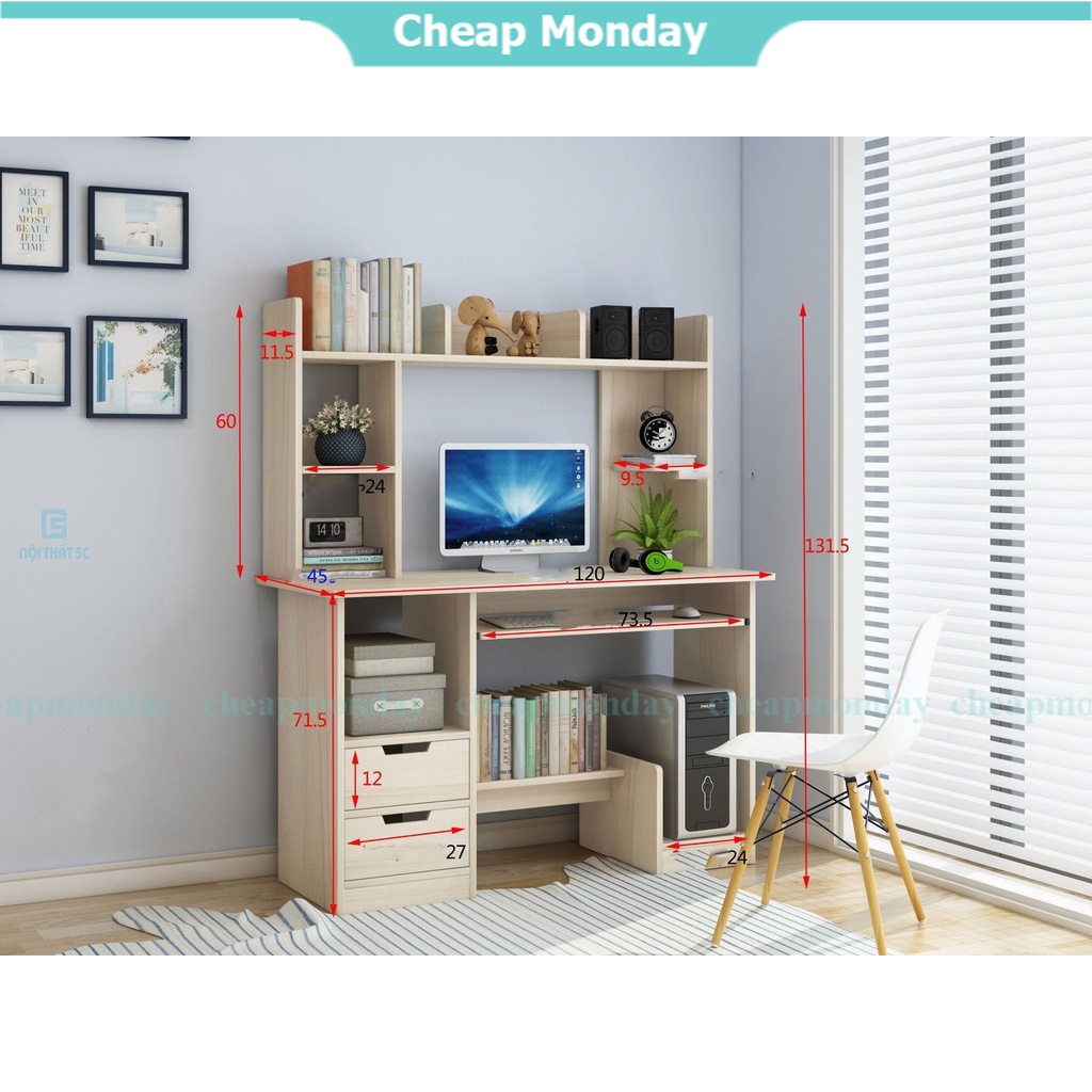 Bàn máy tính gỗ MDF dễ lau chùi có hộc tủ lưu trữ đồ, bàn học tập làm việc lắp ghép kèm giá để sách tiện lợi