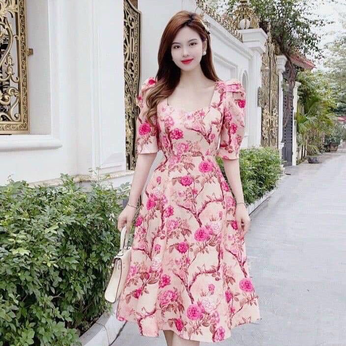 Váy nữ dự tiệc xinh xắn đầm hoa tay phồng dáng xòe dễ thương thiết kế sang trọng tinh tế thời trang THIA House