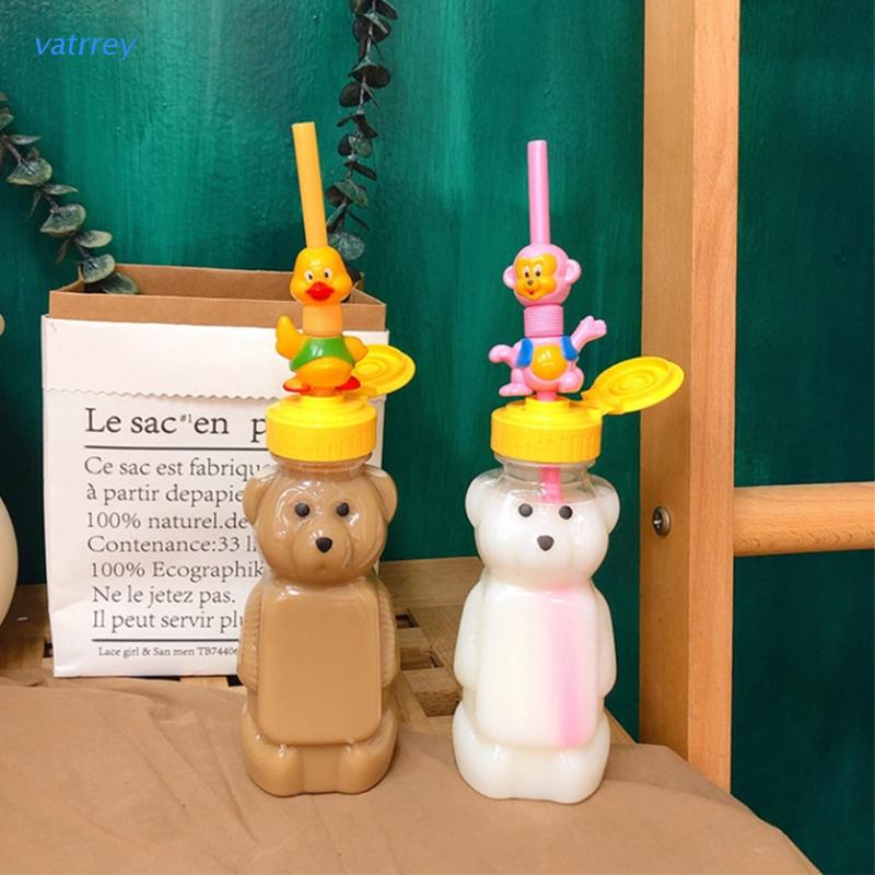 Bình đựng nước hình gấu hoạt hình đáng yêu có nắp và ống hút tái sử dụng 250ml