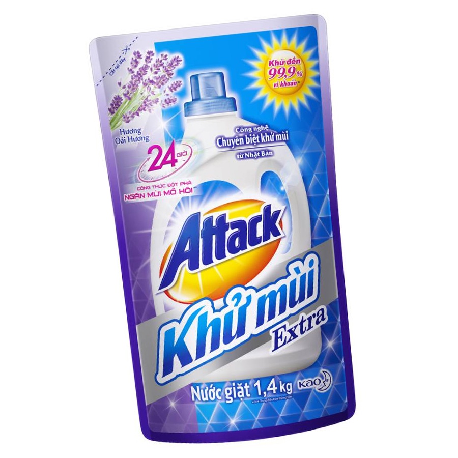 [Mã FMCGKAO52 giảm 8% đơn 250k] Combo 2 Nước giặt Attack Khử Mùi Extra Hương Oải Hương túi 1.4kg tặng Haiter Túi 480ml